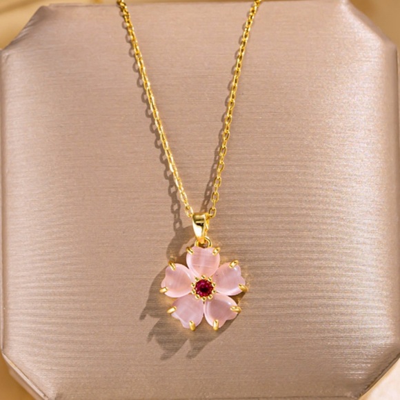 18K Gold Japanese Cherry Blossom Sakura Gemstone Pendant Necklace Bohemian - Picture 4 of 12